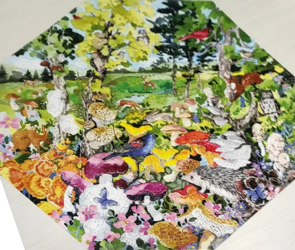 An illustrated, hexagonal scene of a lush woodland filled with various mushrooms, colorful flowers, and forest animals.
