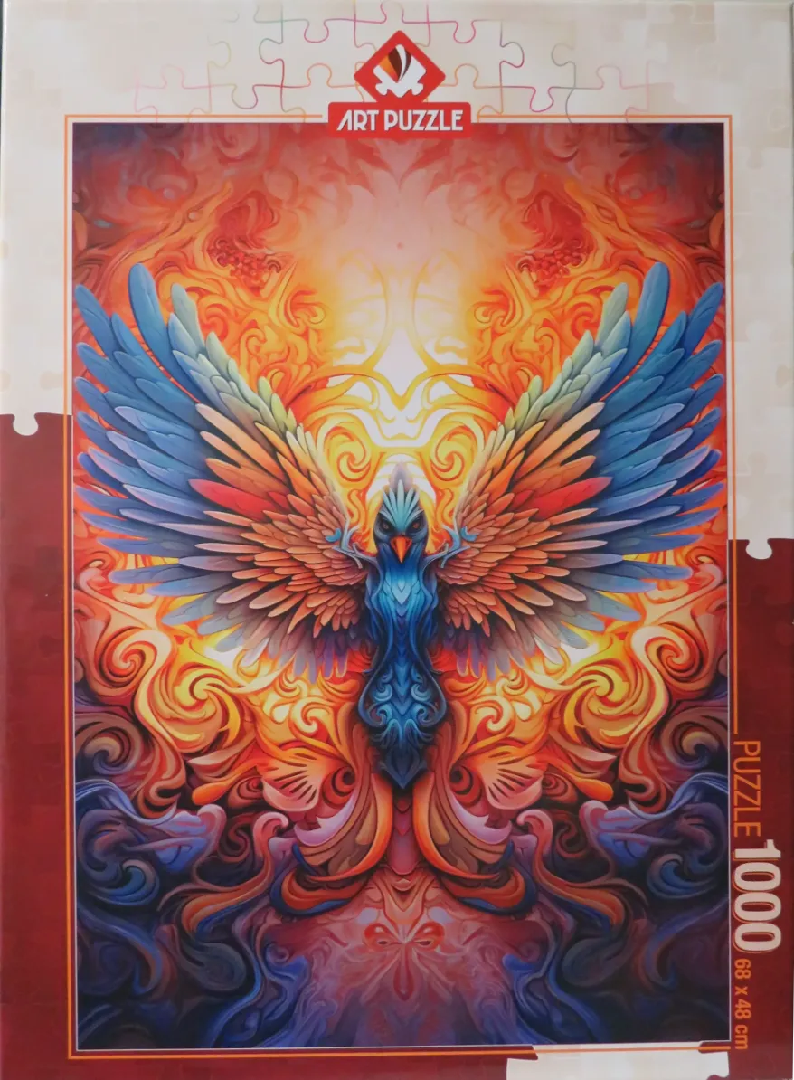 An illustration of a phoenix with blue wings rising from swirling flames.