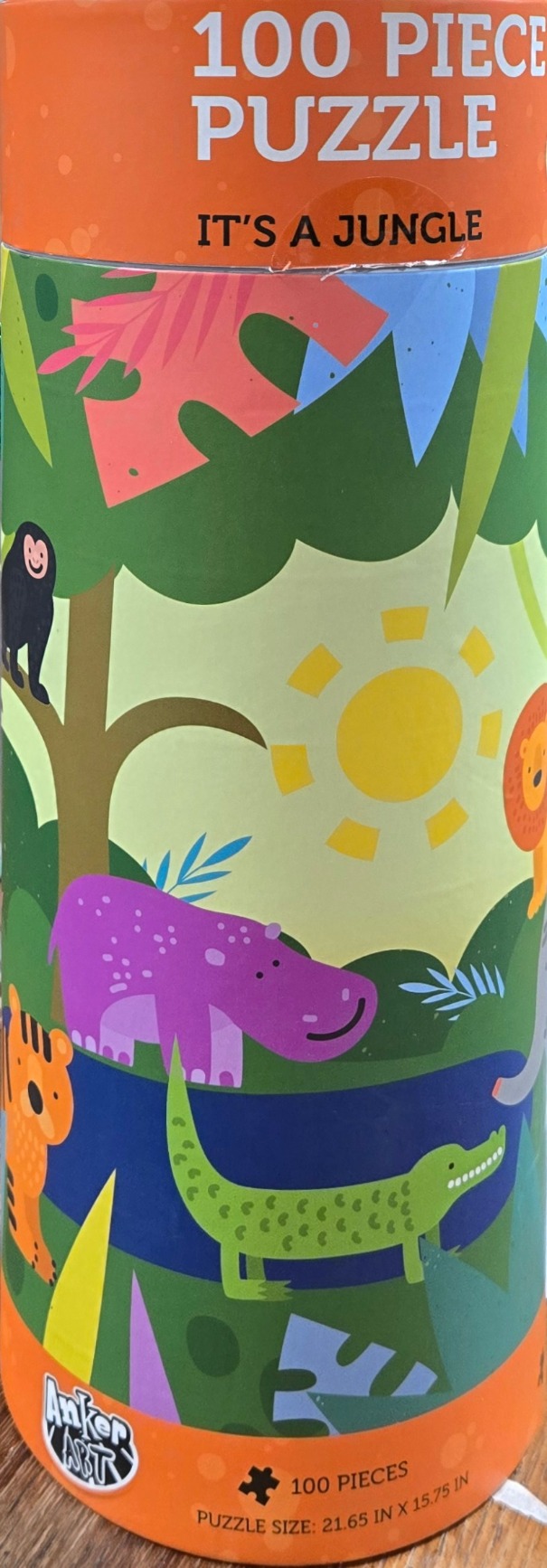 A whimsical illustration of jungle animals including a purple hippo, tiger, monkey, and crocodile in a colorful forest.