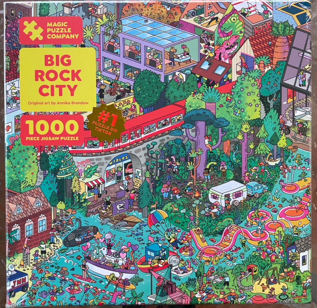 A whimsical, detailed cartoon illustration of a bustling, colourful city populated by anthropomorphic dinosaur characters.