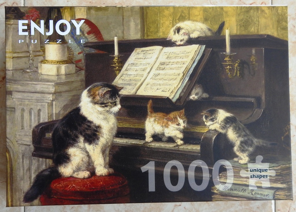 A mother cat and her four kittens interacting with a dark wooden upright piano in a classical parlor setting.