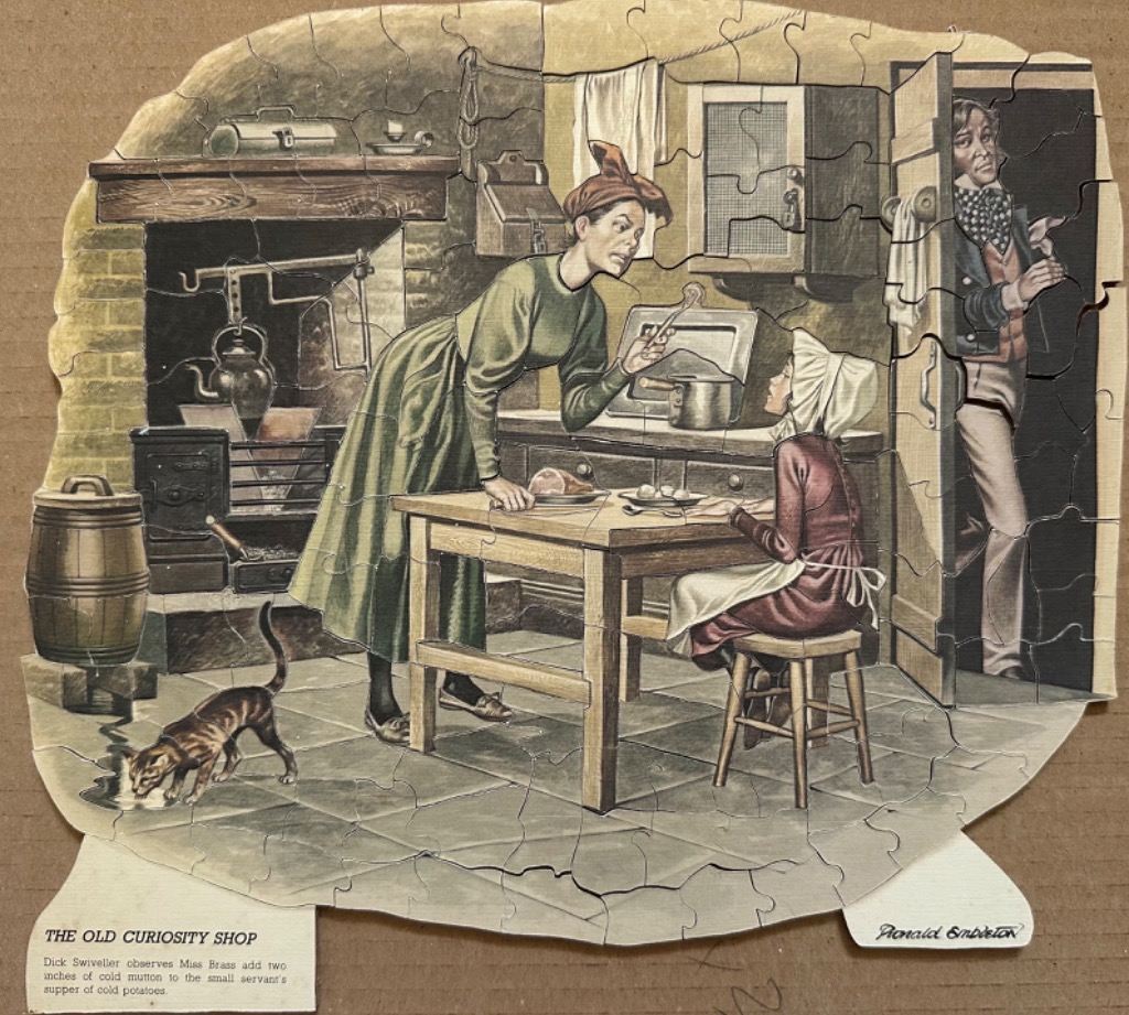 Illustration of a scene from The Old Curiosity Shop featuring a woman, a young girl, and a man looking in from a doorway.