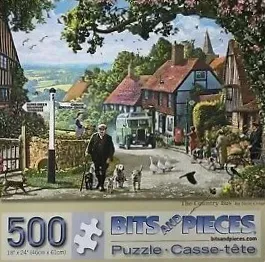 A nostalgic painting of an English village with a man walking his dogs, a green vintage bus, and charming cottages.