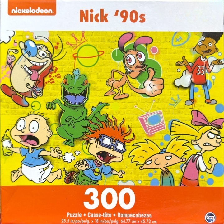Collage of 90s cartoon characters on a bright yellow brick wall background.
