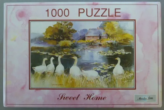 A watercolor illustration of white geese near a pond with a cottage in the background.