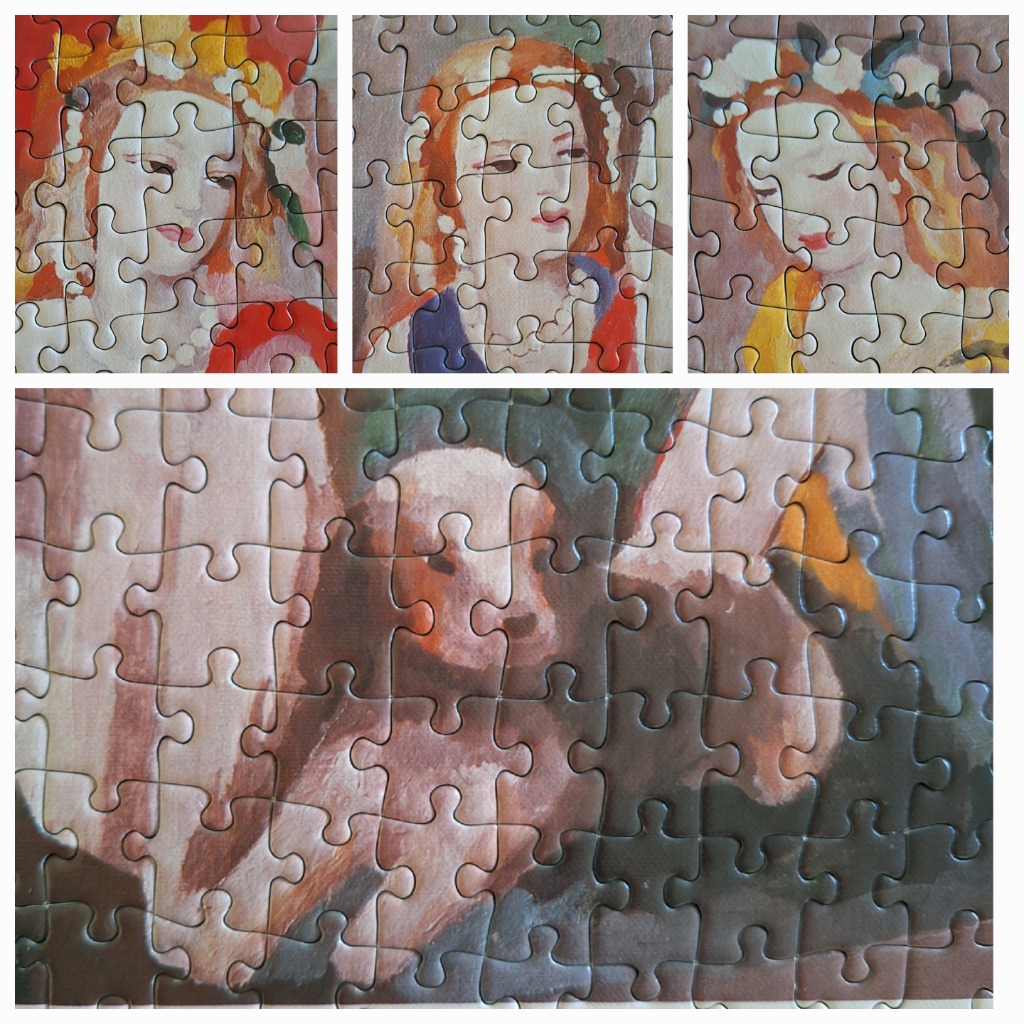 A collage featuring three portrait studies of a woman above a larger painting of a dog.