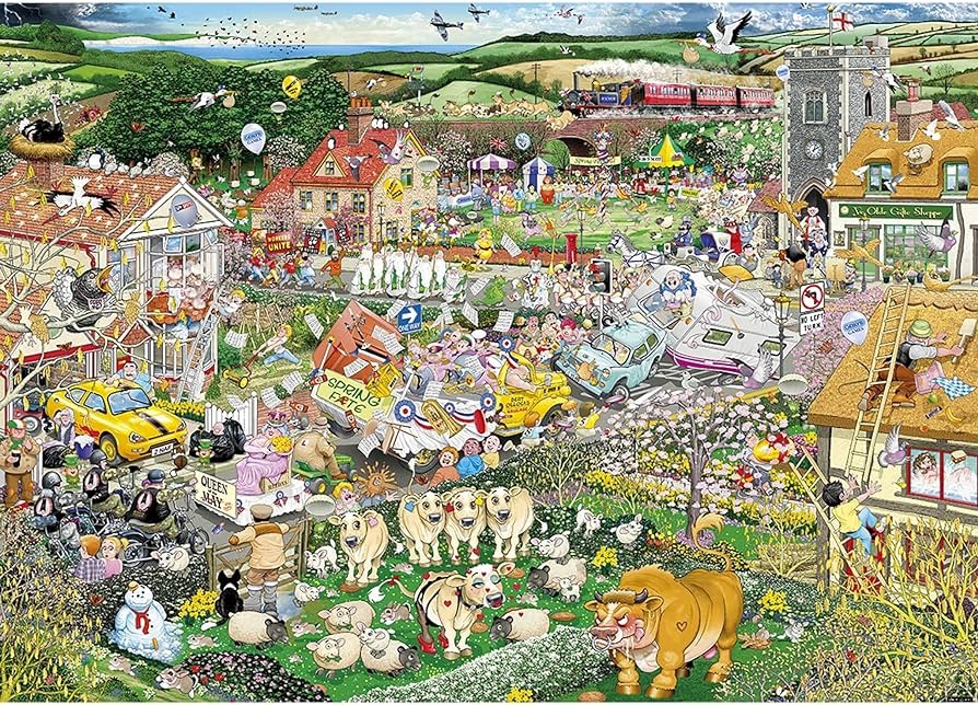 A bustling, chaotic English village scene during a spring fair with animals, festivities, and whimsical details.