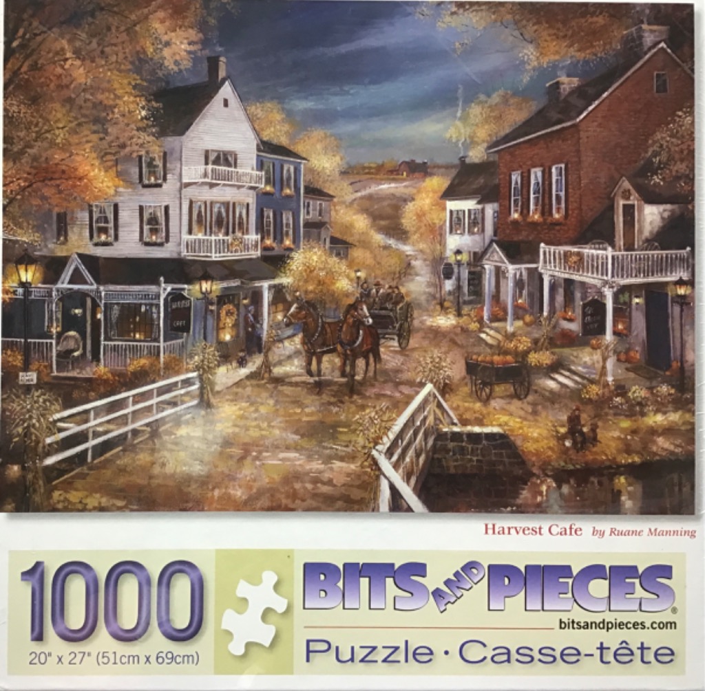 Painting of a horse-drawn carriage in front of a colonial-style cafe during an autumn evening.
