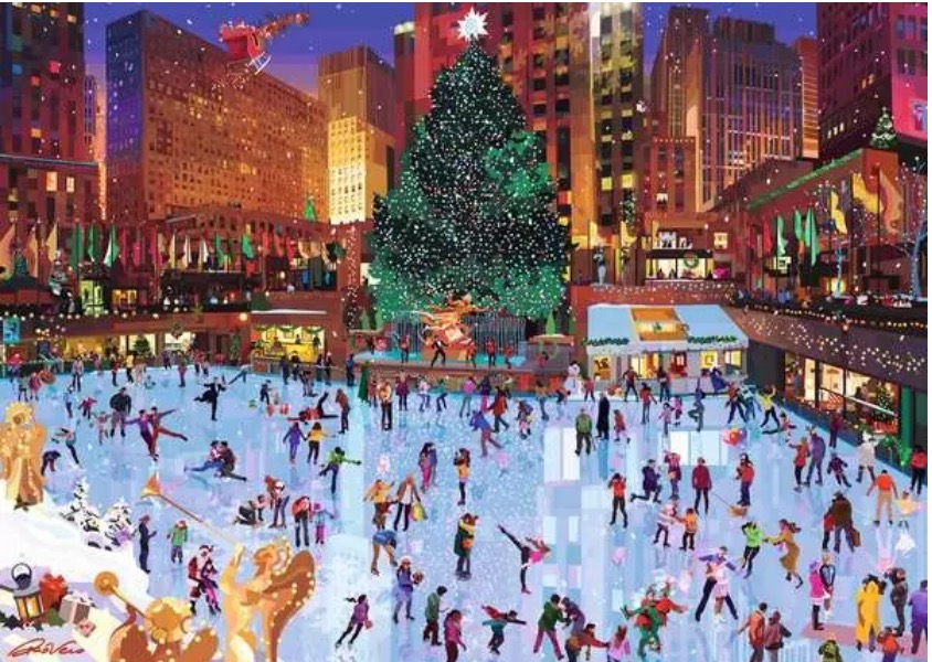A bustling ice skating rink in a city plaza decorated for Christmas with a large tree and skyscrapers.