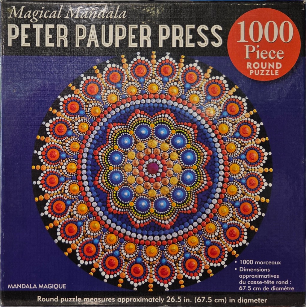 A vibrant dot-art mandala with concentric circles of colorful painted dots on a dark blue background.