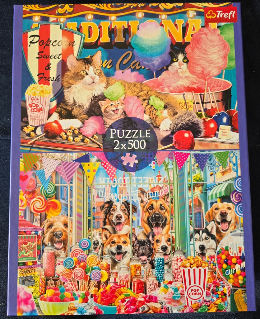 A split-image illustration of cats in a fairground setting and dogs at a candy shop.