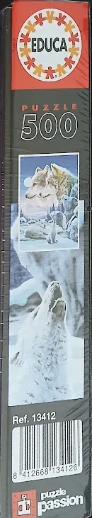 Artwork of wolves in a snowy landscape with a close-up of a howling wolf.