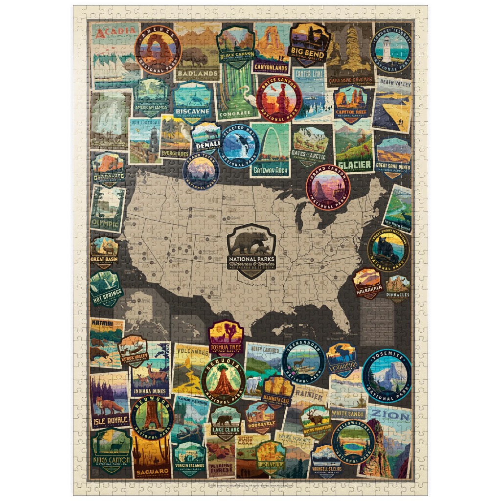 A map of the United States decorated with vintage-style travel posters of various National Parks.