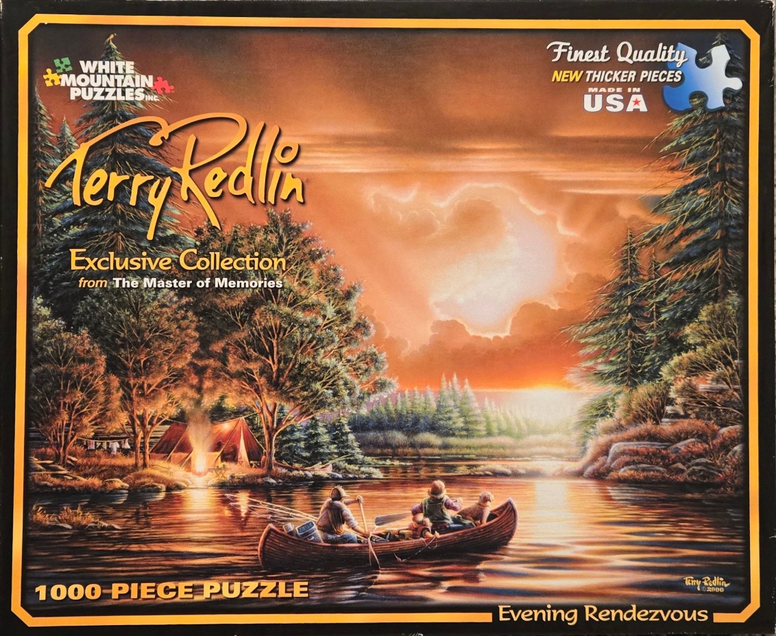 A scenic oil painting of a canoe on a lake at sunset with a nearby campsite.