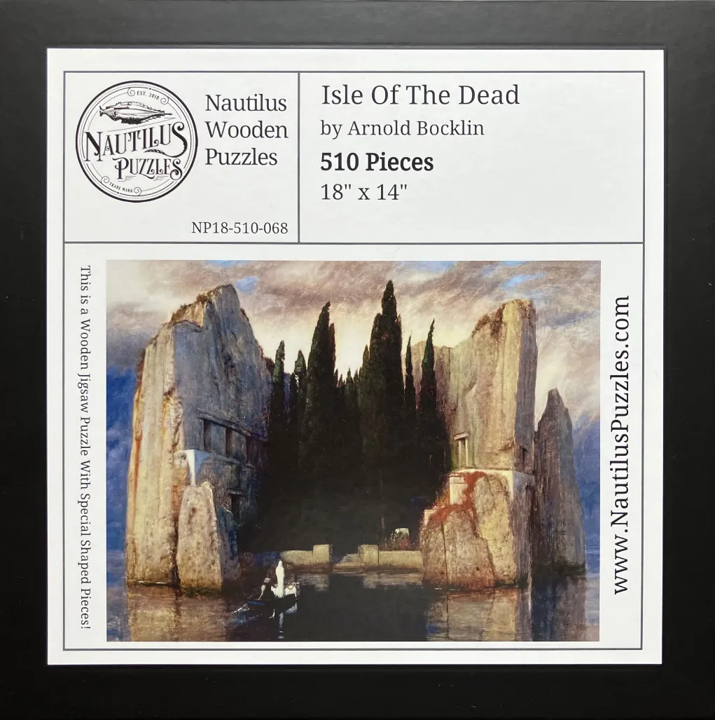 Isle of the Dead by Arnold Bocklin featuring a small boat approaching a rocky island with tall cypress trees.