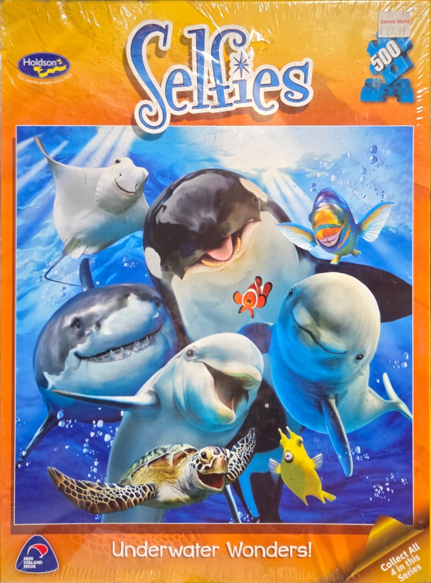 An illustration of various smiling sea creatures posing together as if for a selfie underwater.