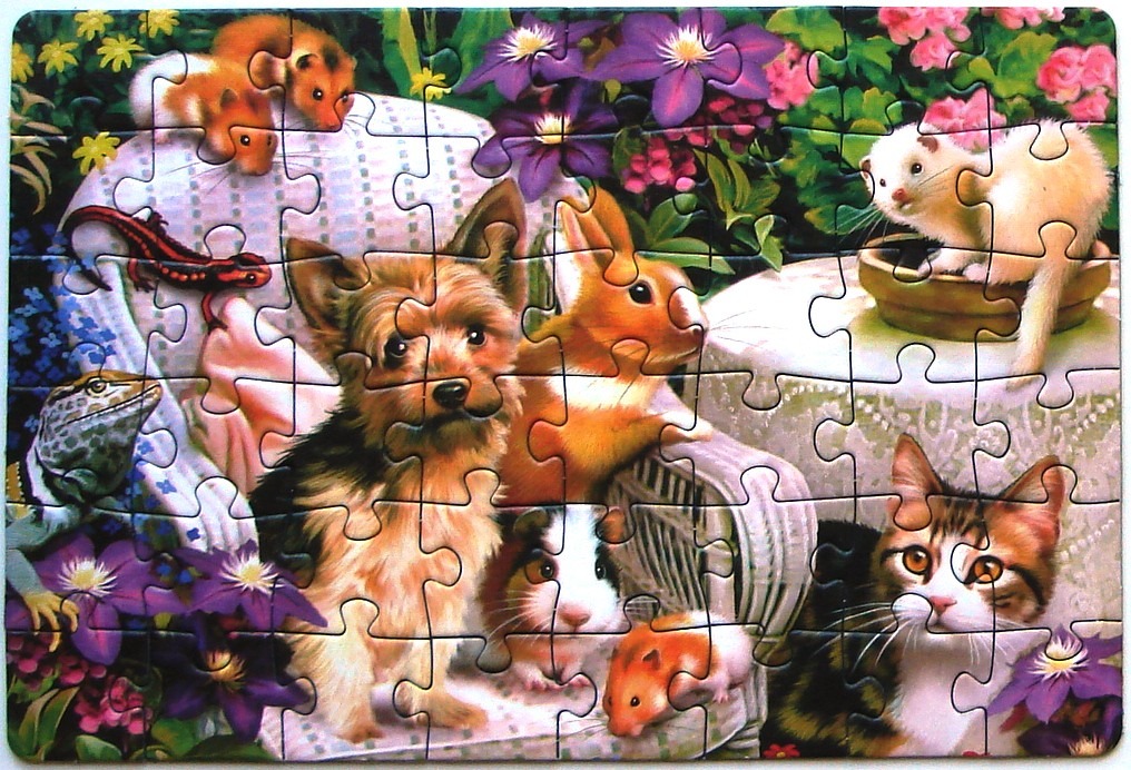 A whimsical garden scene featuring a gathering of various small animals, including a dog, cat, rabbit, and hamsters.