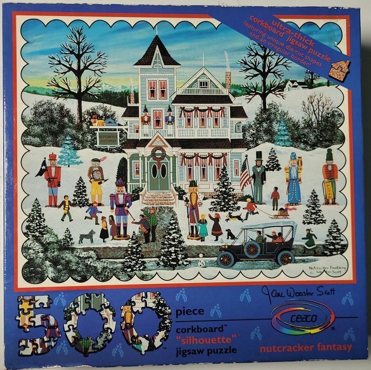 Illustration of a Victorian house in a snowy landscape surrounded by nutcrackers and children playing.