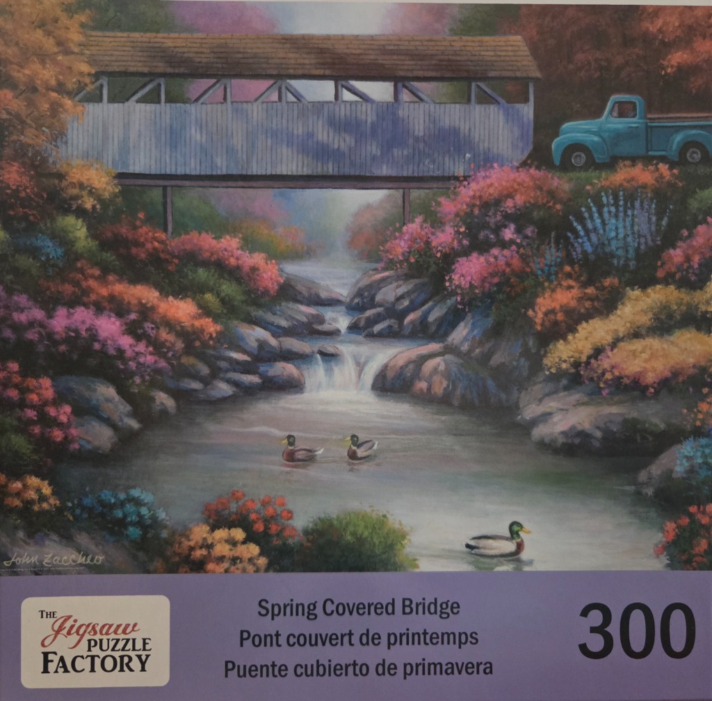 A scenic oil painting of a covered bridge over a stream with ducks and a vintage blue pickup truck.