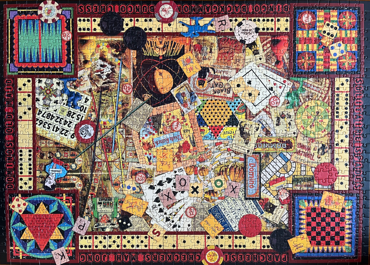 A collage of vintage classic board games, playing cards, and casino chips.