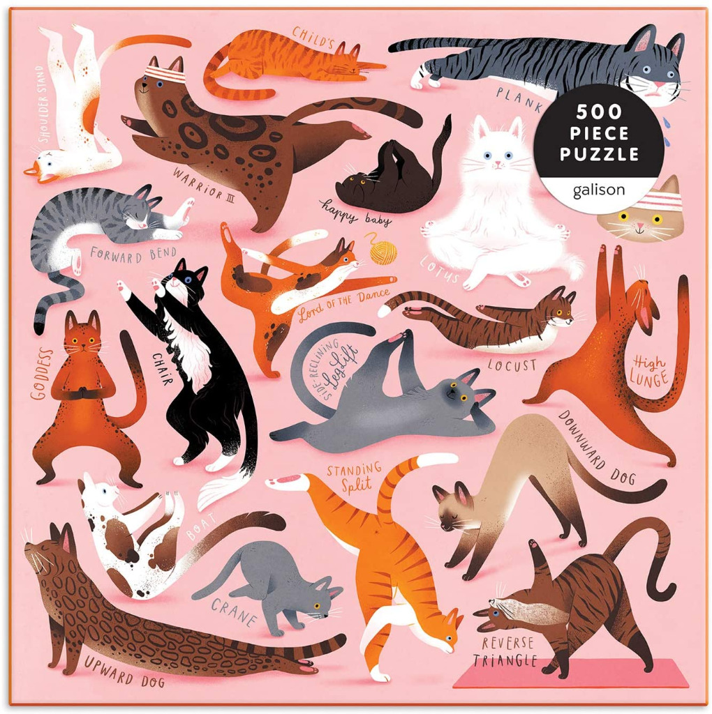 A whimsical illustration of various cats performing yoga poses on a solid pink background.