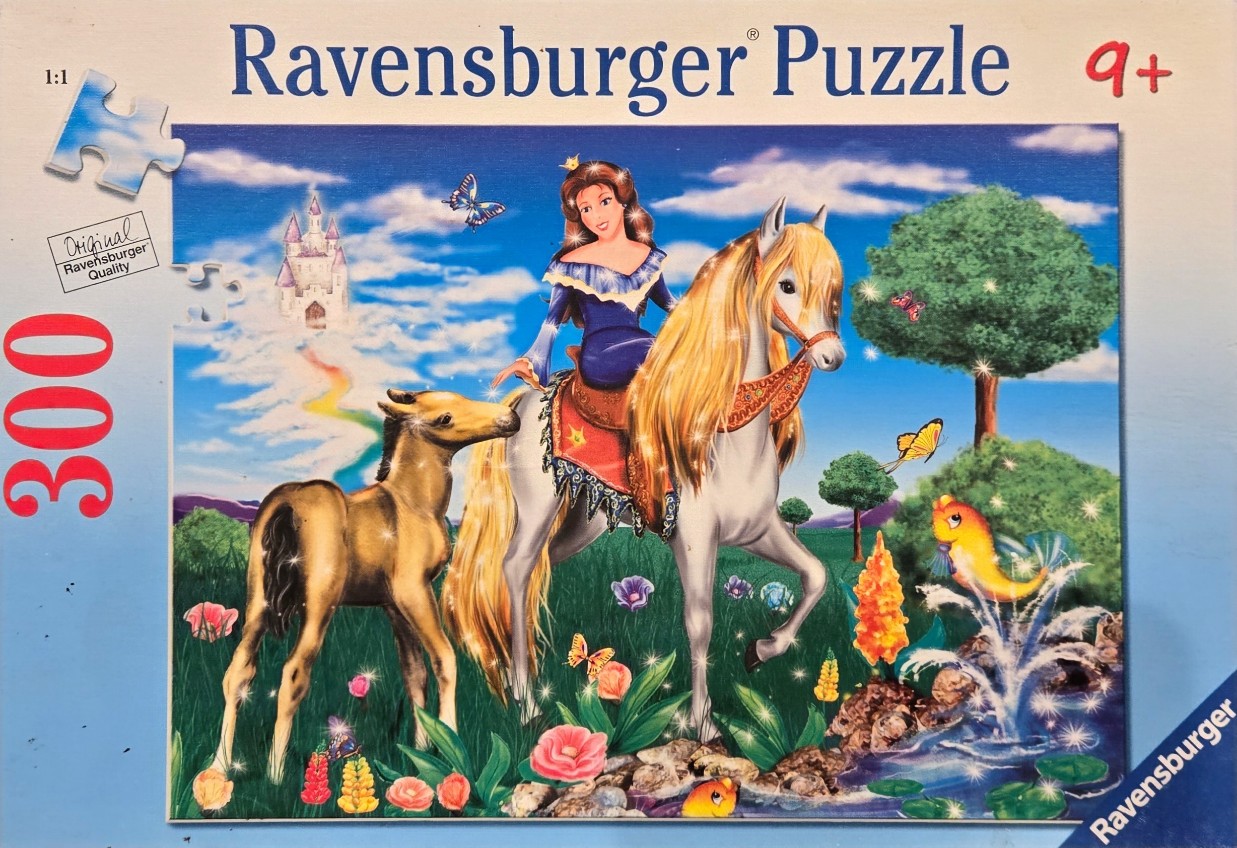 A fairytale scene of a princess riding a white horse with a foal in a magical meadow.