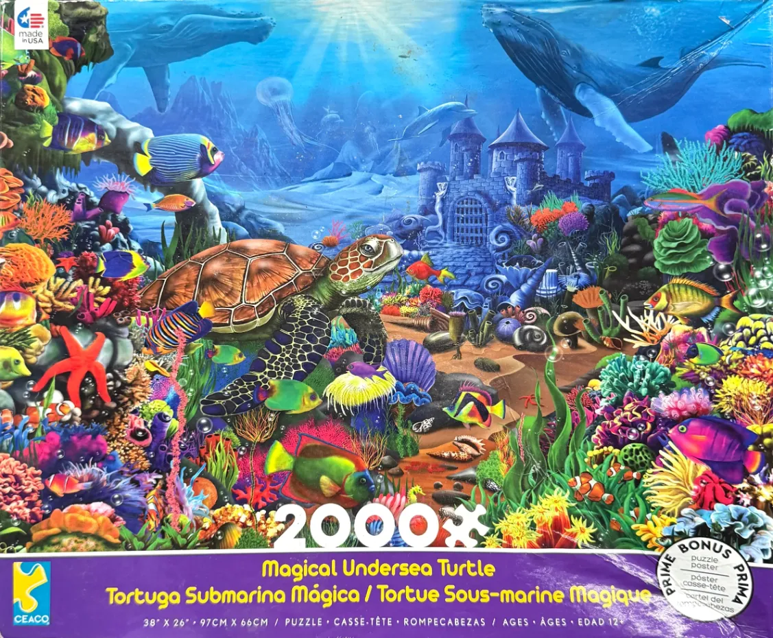 An underwater fantasy scene with a sea turtle, a sunken castle, and various colorful tropical fish and coral.