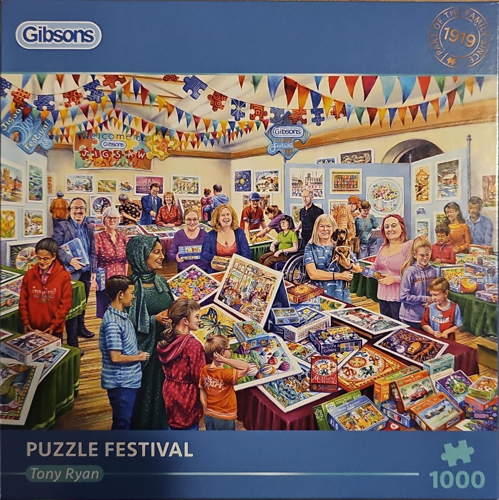 An illustration of a bustling indoor jigsaw festival filled with people browsing tables of puzzle boxes and artwork.