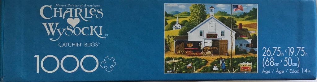 Americana painting of a barn, watermelon patch, and a horse with children.