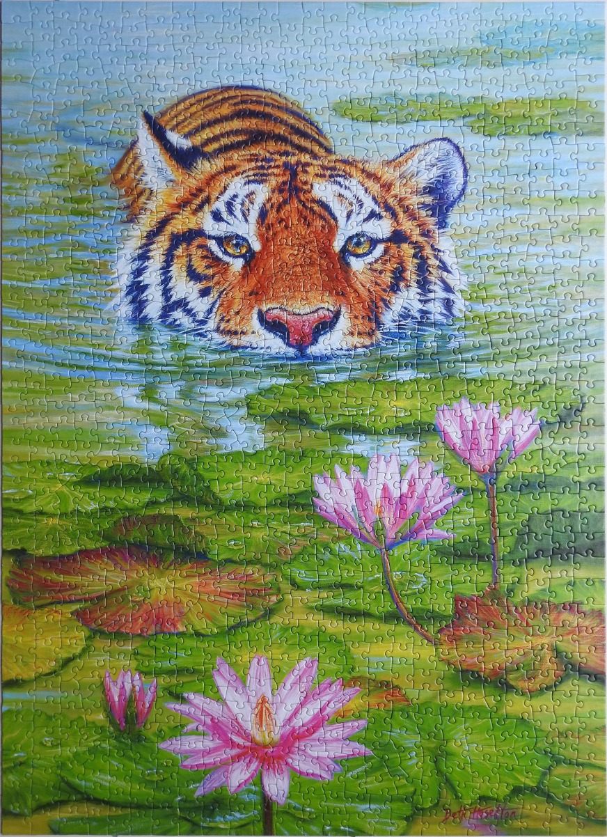 A painting of a tiger's head peeking above the surface of a pond filled with pink water lilies.