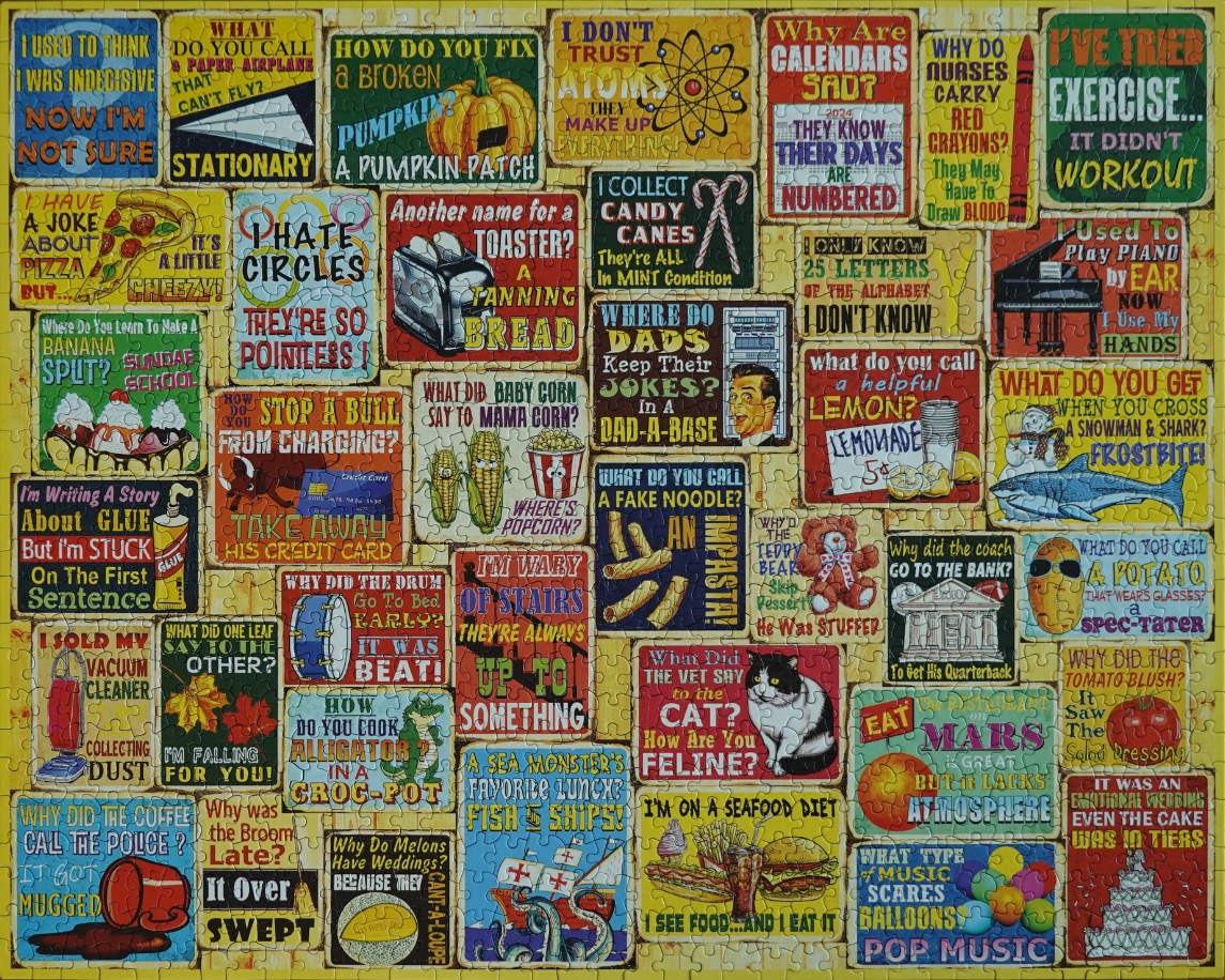 A collage of humorous puns and jokes displayed on individual vintage-style rectangular signs.