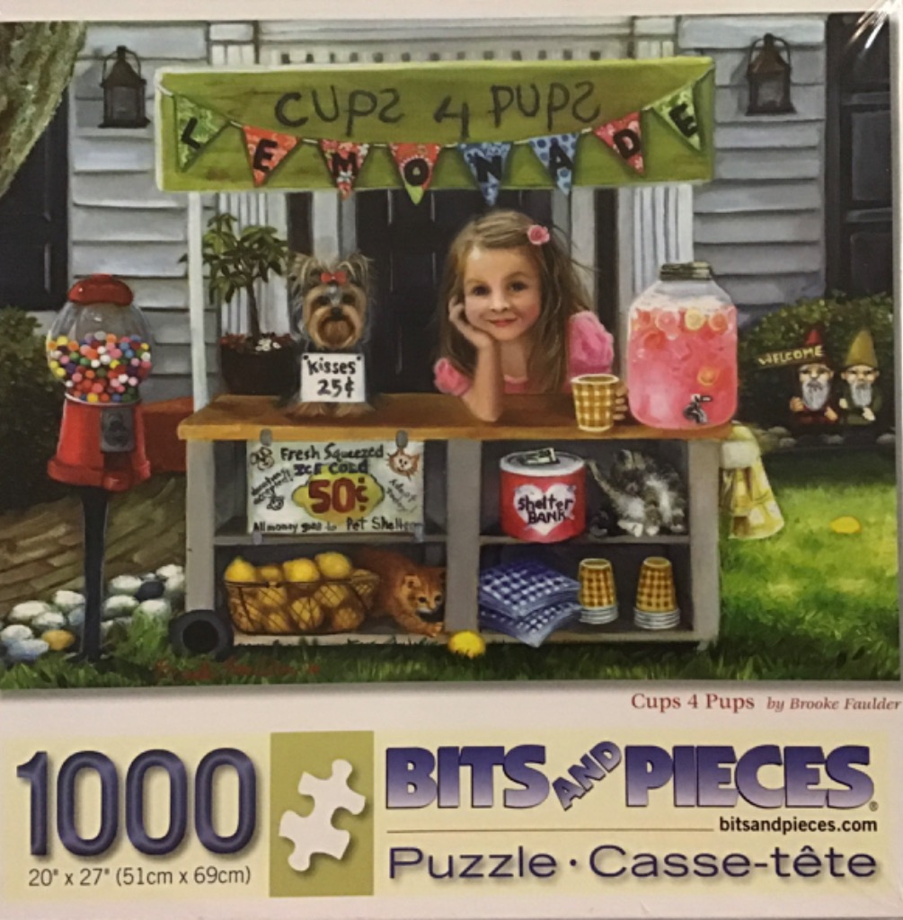A young girl operates a lemonade stand to raise money for a pet shelter, accompanied by a puppy and kitten.