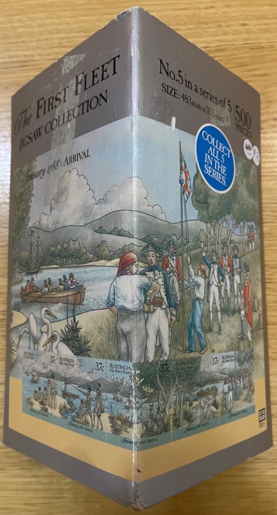 Historical illustration of the First Fleet arrival in Australia, featuring British soldiers raising a flag by the water.