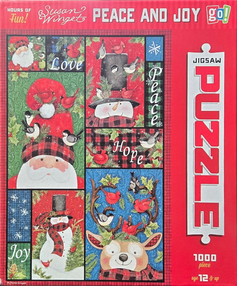 Christmas themed collage illustration featuring Santa, snowmen, birds, and a reindeer on a plaid background.