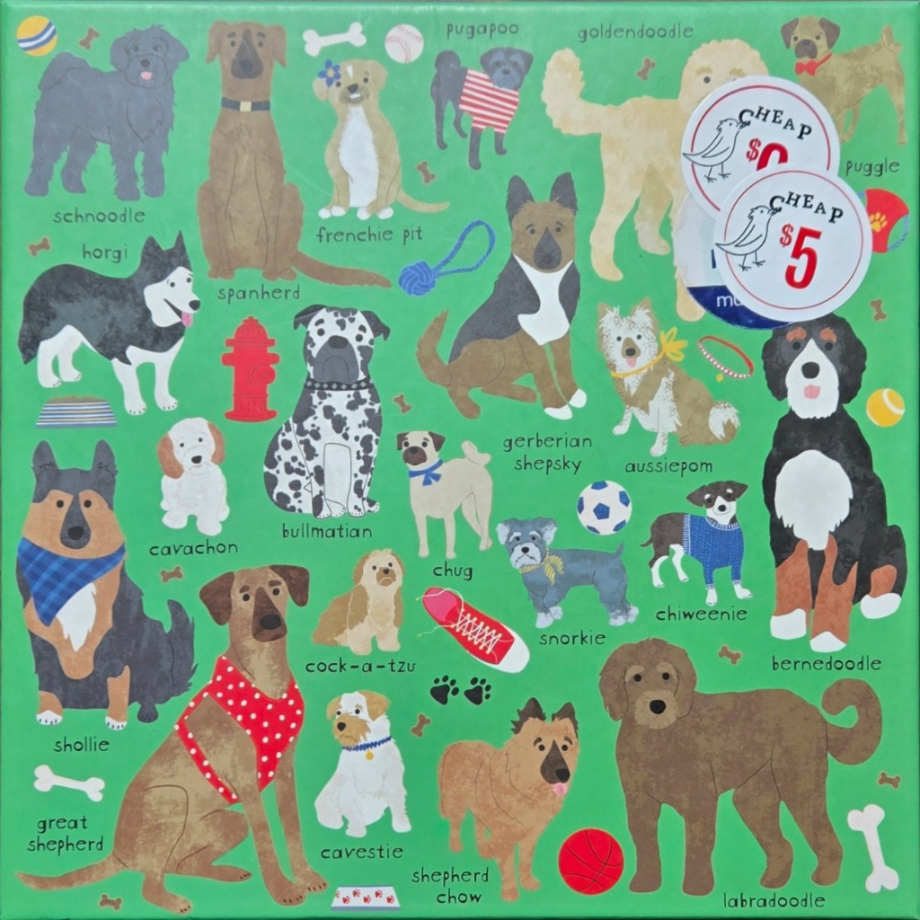 An illustration featuring twenty hybrid dog breeds arranged on a vibrant green background, labeled with their mix names.