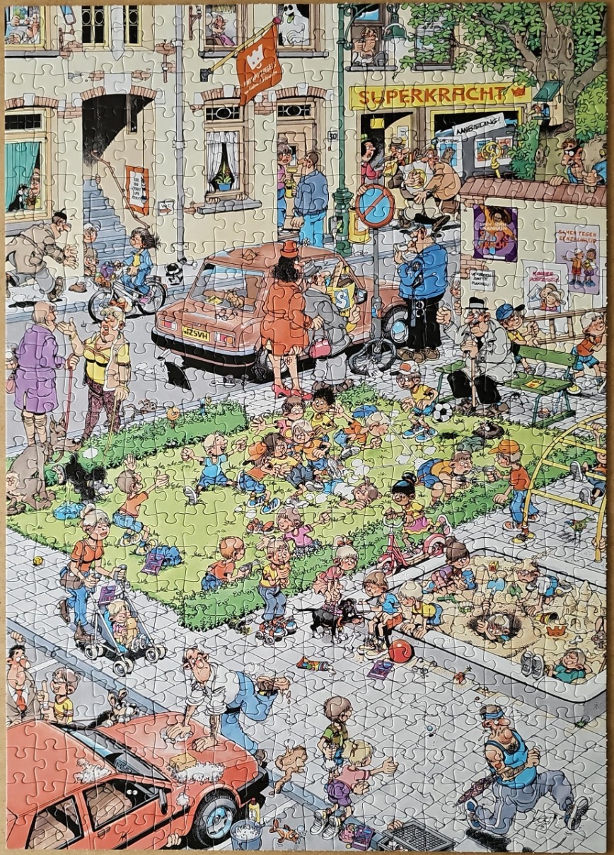 Busy cartoon street scene with many children playing in a park and residents going about their day.