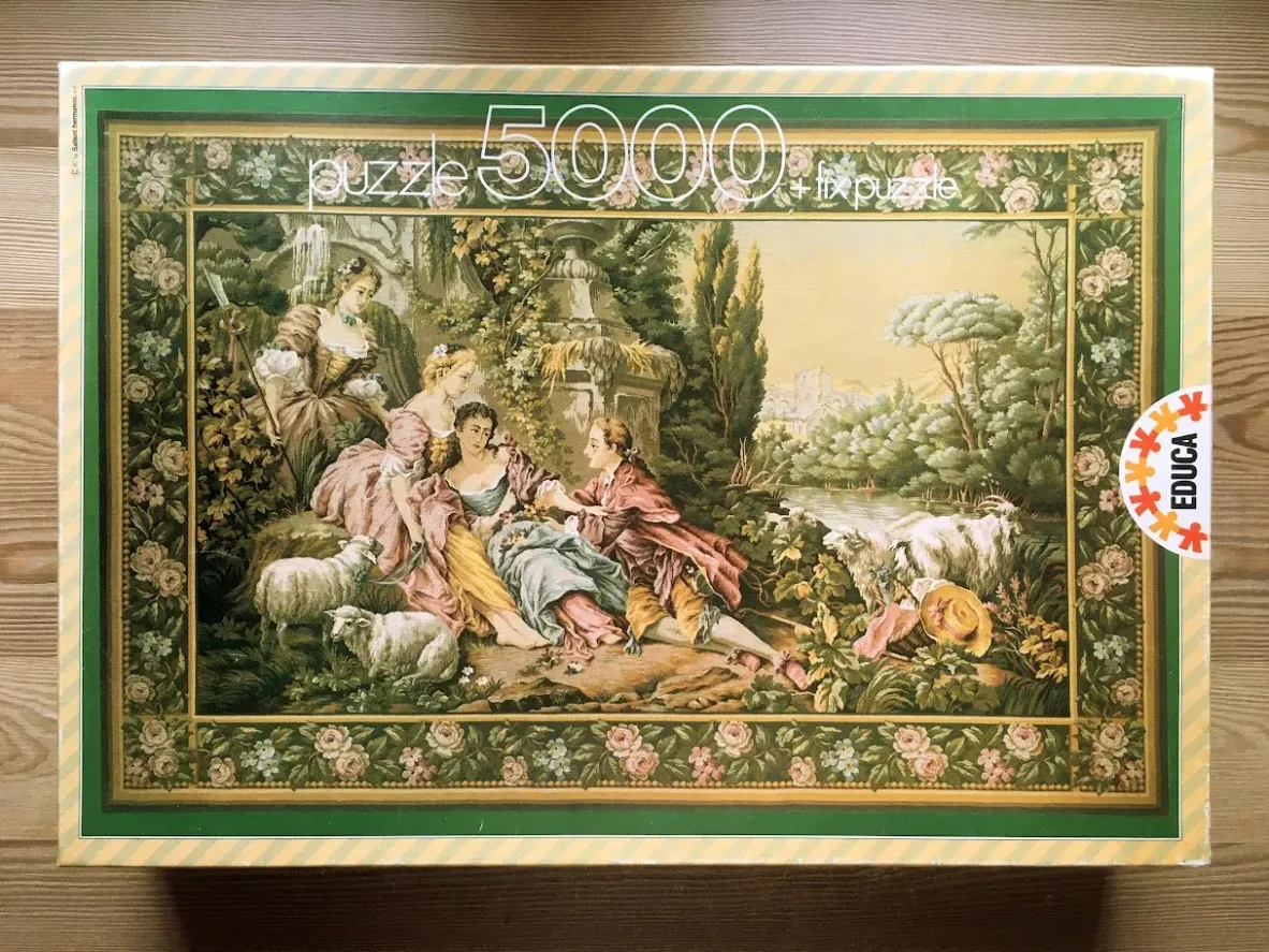 A tapestry-style illustration of an 18th-century scene featuring three women and a man in a garden with sheep.