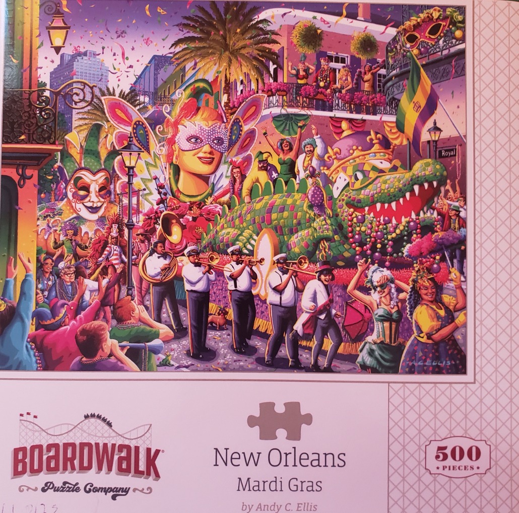 Illustration of a vibrant New Orleans Mardi Gras parade with floats, a brass band, and masked revelers in the street.