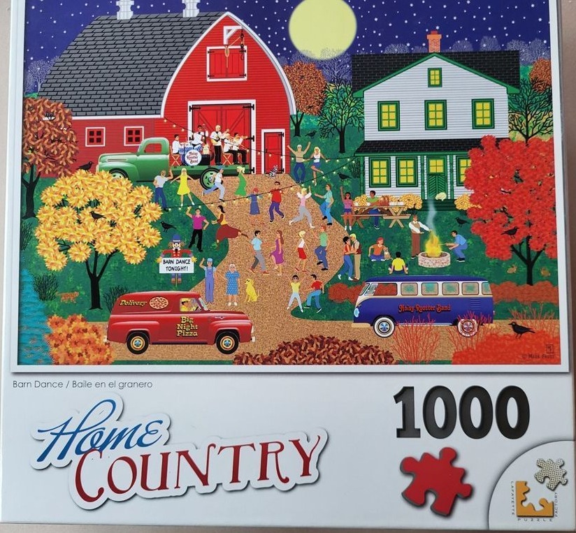 An illustration of a nighttime barn dance party in a rural farmyard scene.