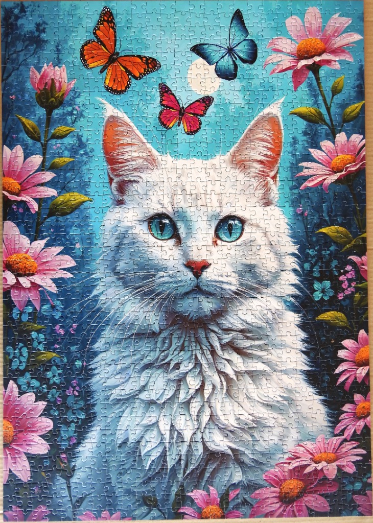 Portrait of a fluffy white cat with bright blue eyes surrounded by pink flowers and three colorful butterflies.