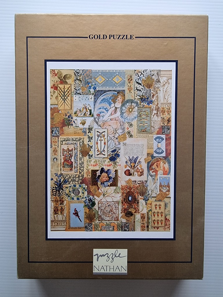 Collage of vintage art prints, tarot cards, and botanical illustrations in Art Nouveau style