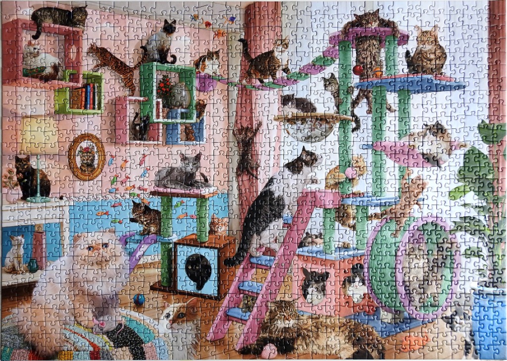 A vibrant, whimsical illustration of many cats playing throughout a room filled with elaborate cat towers and shelves.