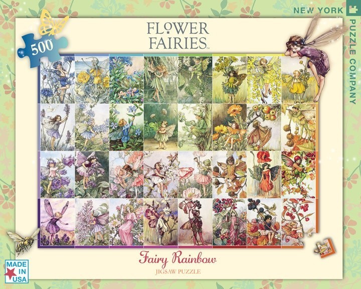 A collage of 28 vintage-style Flower Fairy illustrations arranged in a rainbow spectrum.
