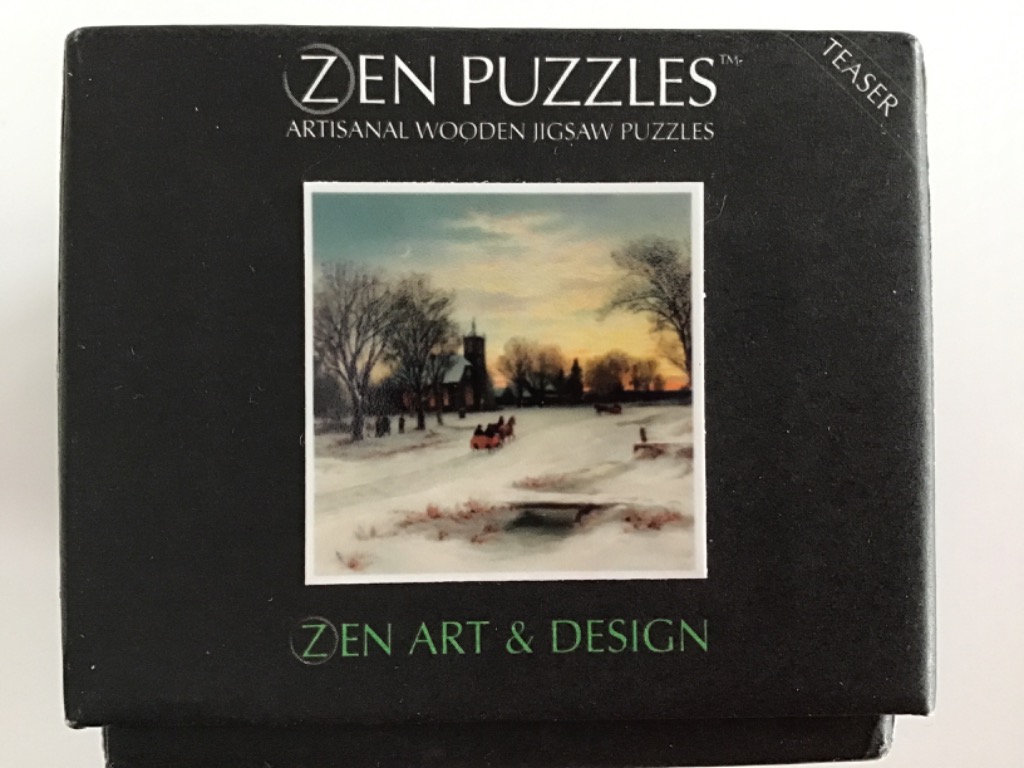 A square painting of a horse-drawn sleigh on a snowy road near a church at sunset.