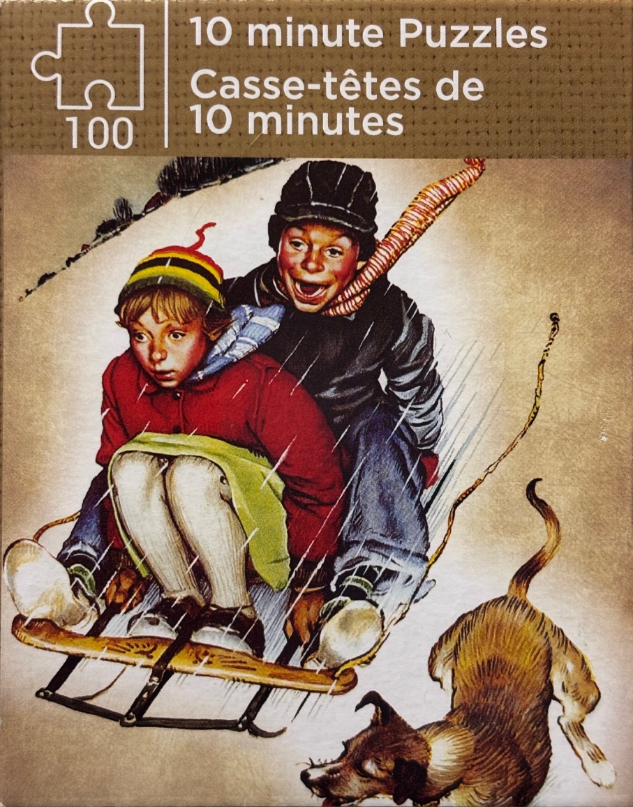 Vintage illustration of two children riding a wooden sled in the snow with a dog running alongside.