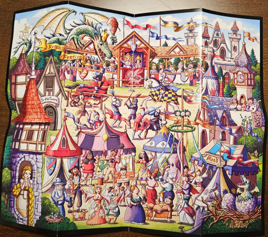 A colorful, detailed illustration of a lively Renaissance festival featuring knights, mythical creatures, and fairgoers.