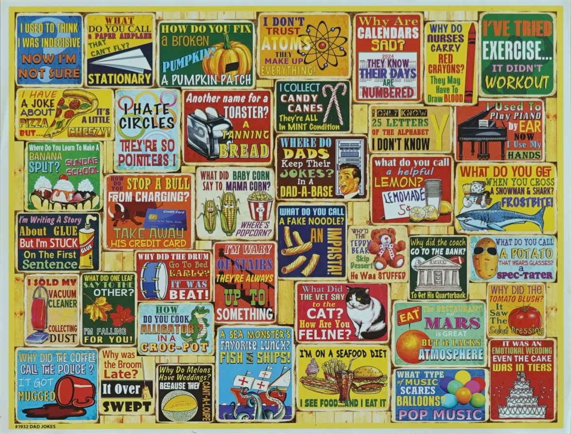 A collage of numerous humorous signs and puns featuring jokes, illustrations, and bright colors.