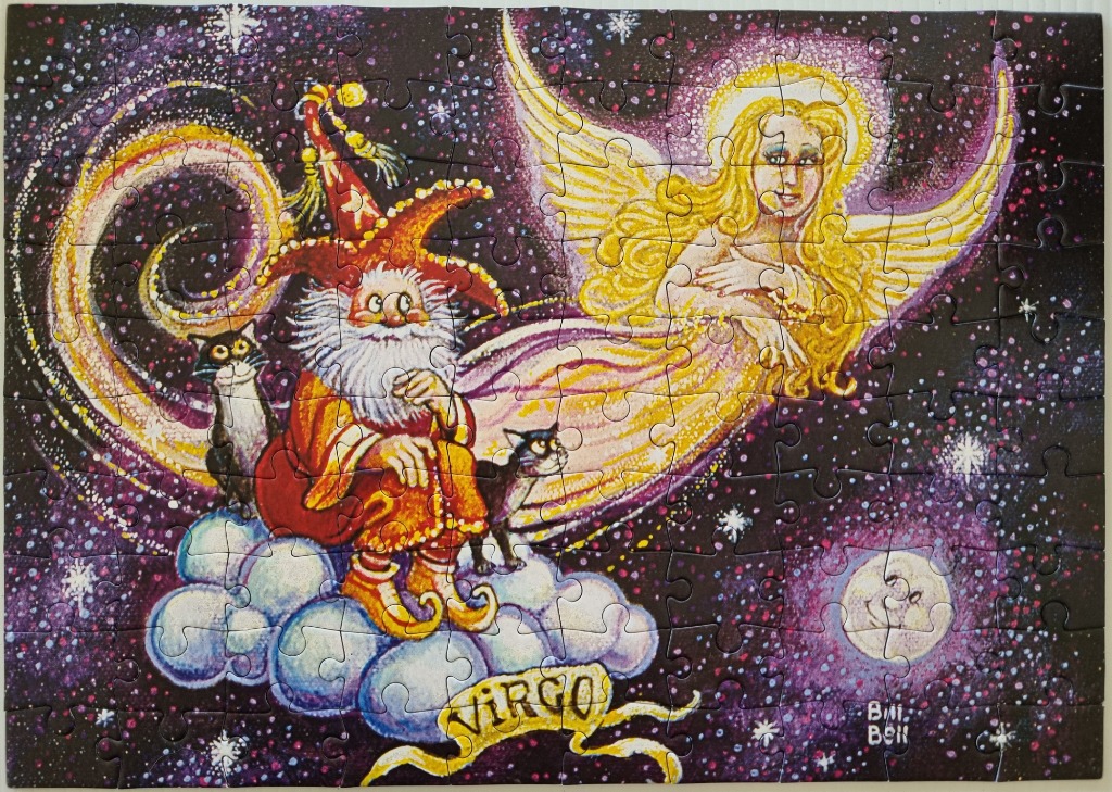 Illustration of a wizard, an angel, and two cats in space, representing the Virgo zodiac sign.