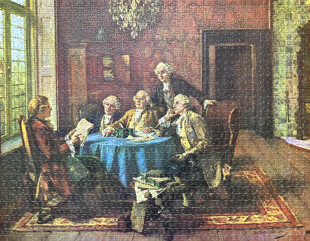 A painting of five men in 18th-century attire gathered around a blue-clothed table in a dimly lit library.
