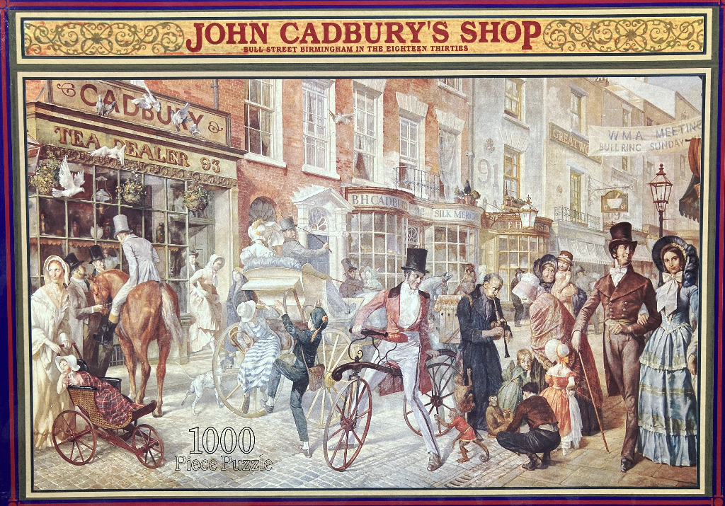 Illustration of a busy 19th-century Birmingham street scene featuring John Cadbury's shop.